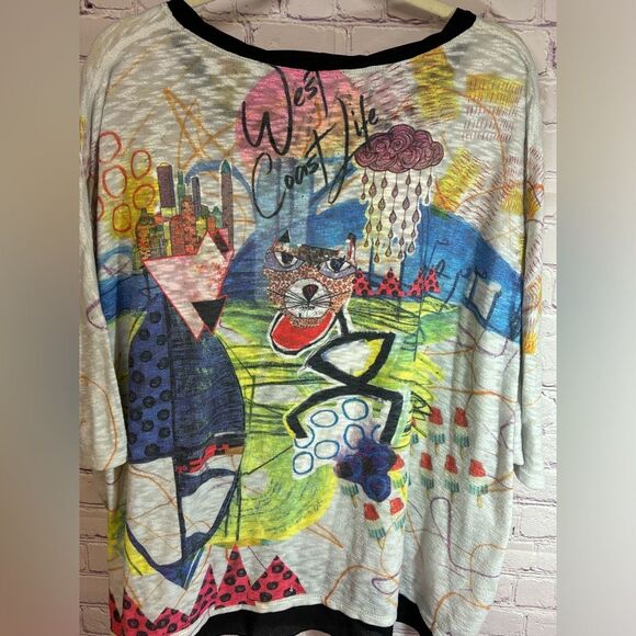 Inoah Lightweight 3/4 Sleeve Knit Scoop Burnout Neck Art to Wear Print Top M - Picture 3 of 12